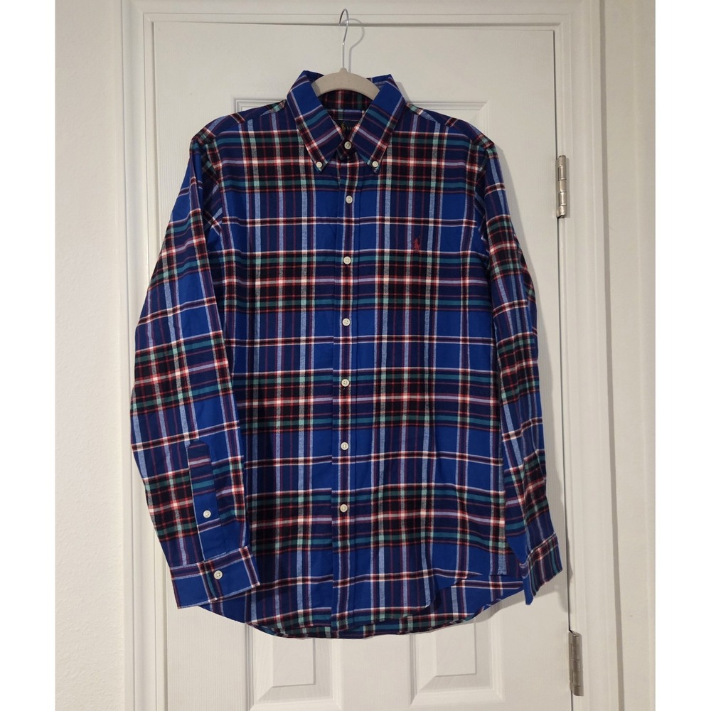 Polo Ralph Lauren Mens M Blue Red Plaid Flannel Button Down Shirt Pony Logo